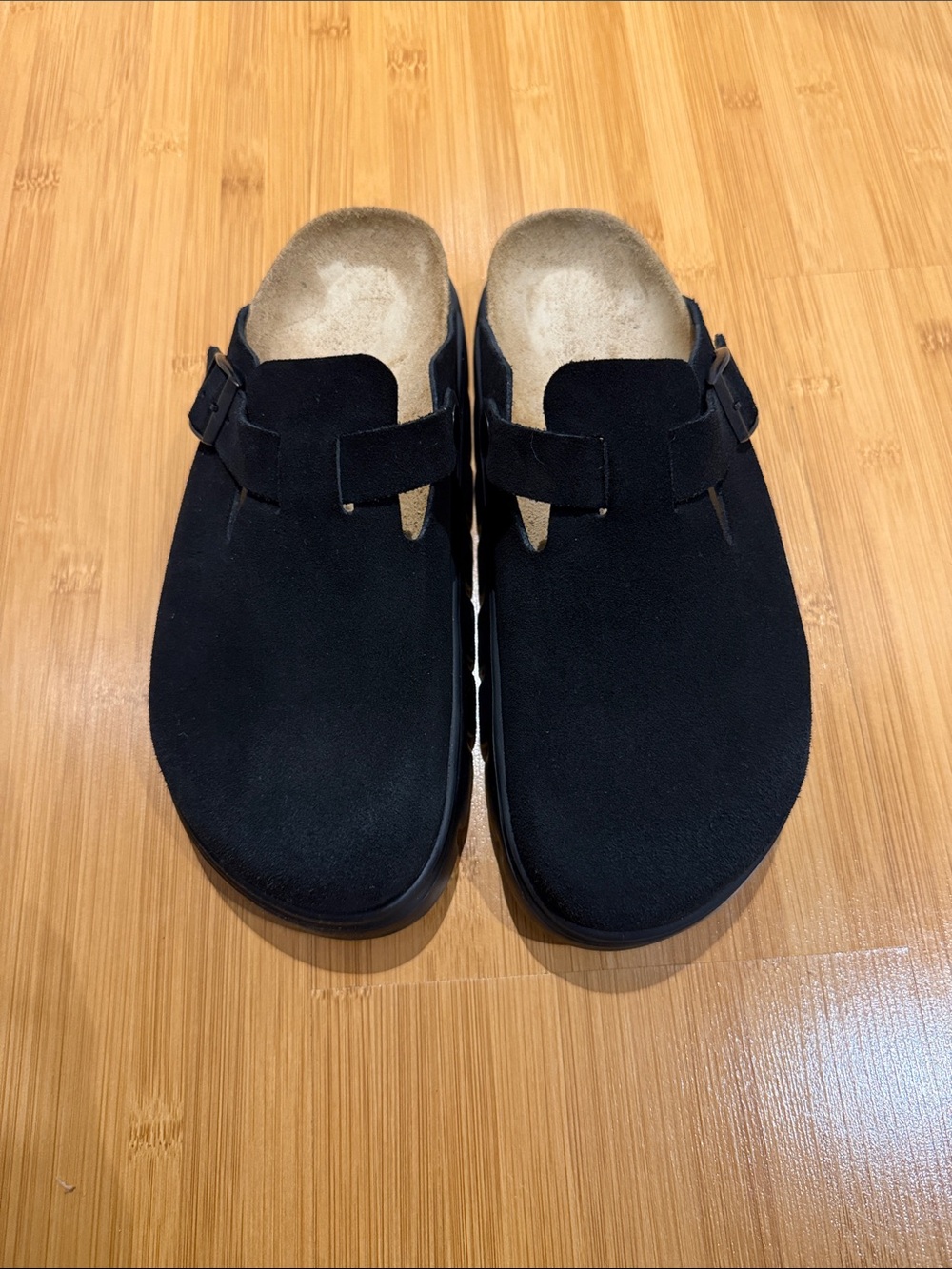 Birkenstock Women's Black Suede Slip-On Clog with Buckle platform